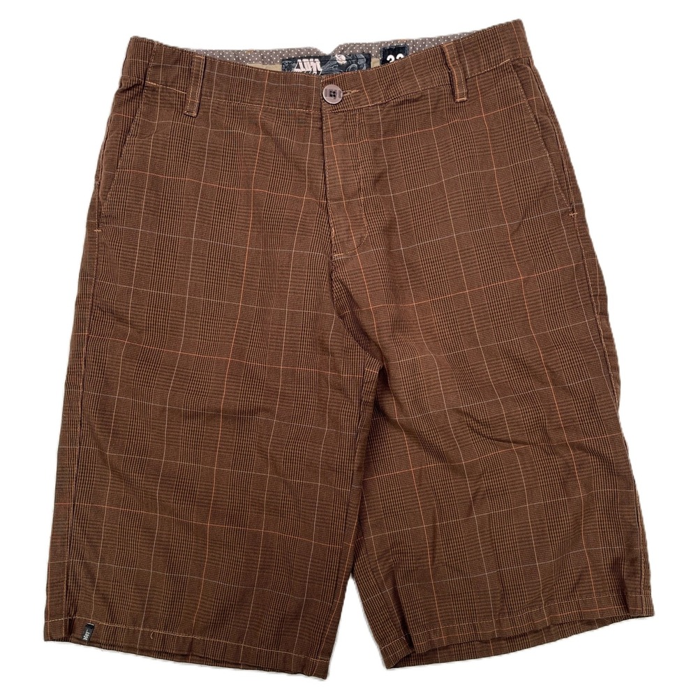 Lost Men's Plaid Chino Golf Shorts Mid-Rise Flat Front Preppy Casual Brown Sz 33
